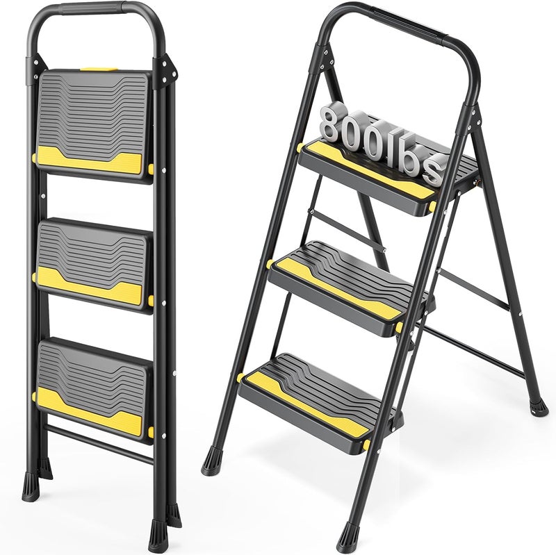Urackify 3 Step Ladder, Heavy-Duty 800lb Capacity, Wide Anti-Slip Steps & Secure Handrail Compact, Folding Step Stool Portable Design for Home, Kitchen, Office, Pantry, Closet Use, Black - Image 1
